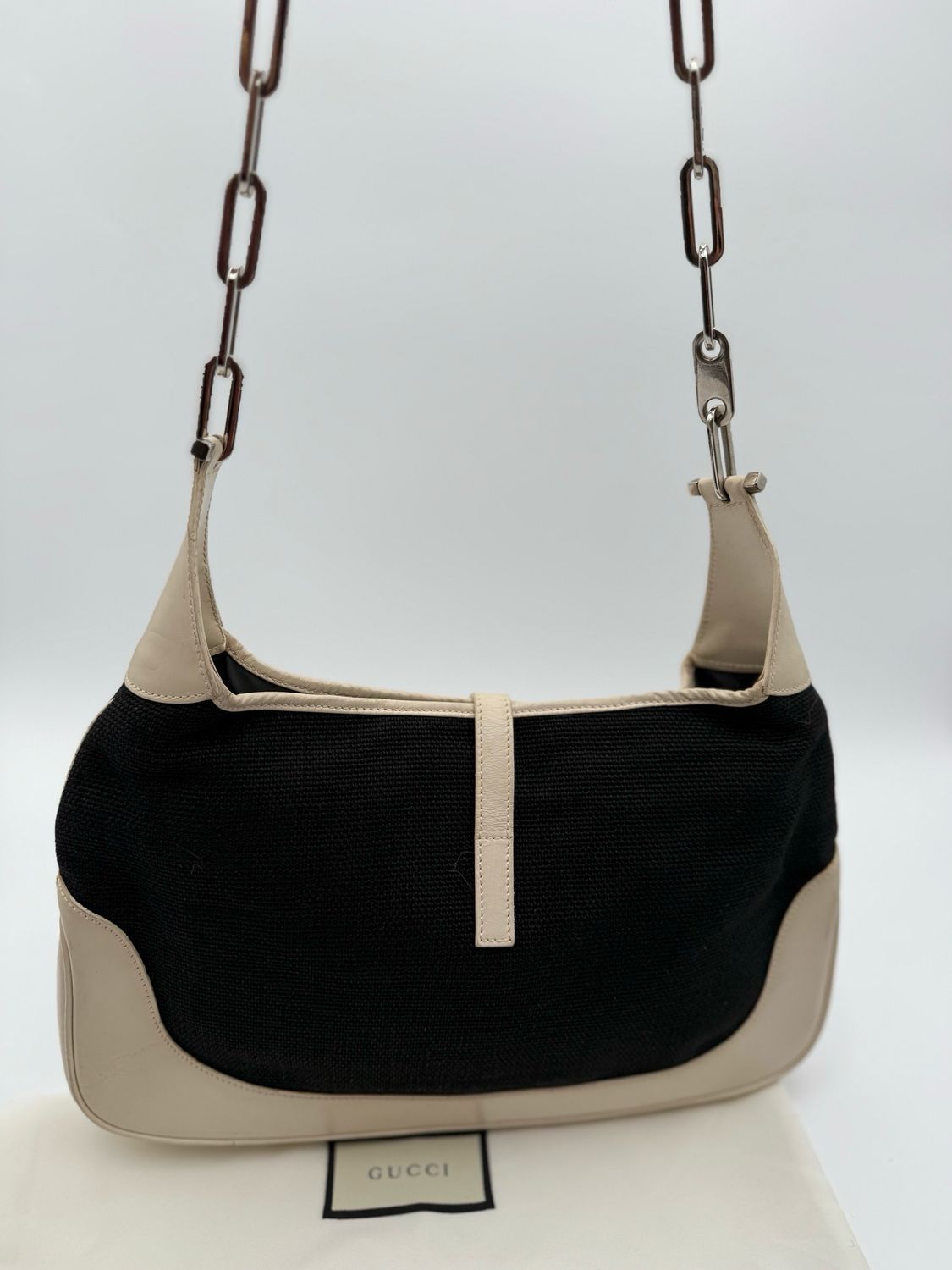 Gucci Jackie Canvas Hobo Chain Strap Leather Trim