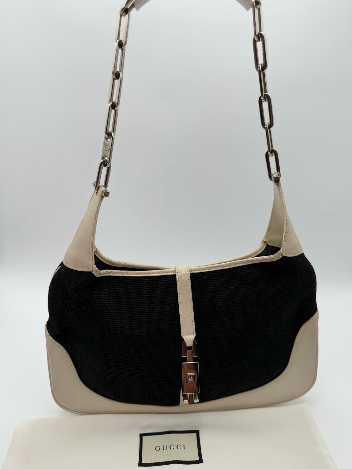 Gucci Jackie Canvas Hobo Chain Strap Leather Trim