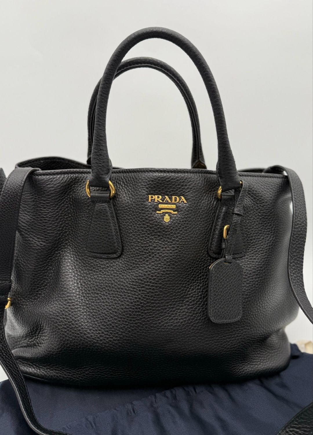 Prada Vitello Daino Pebbled Leather Convertible Shopper Tote Black