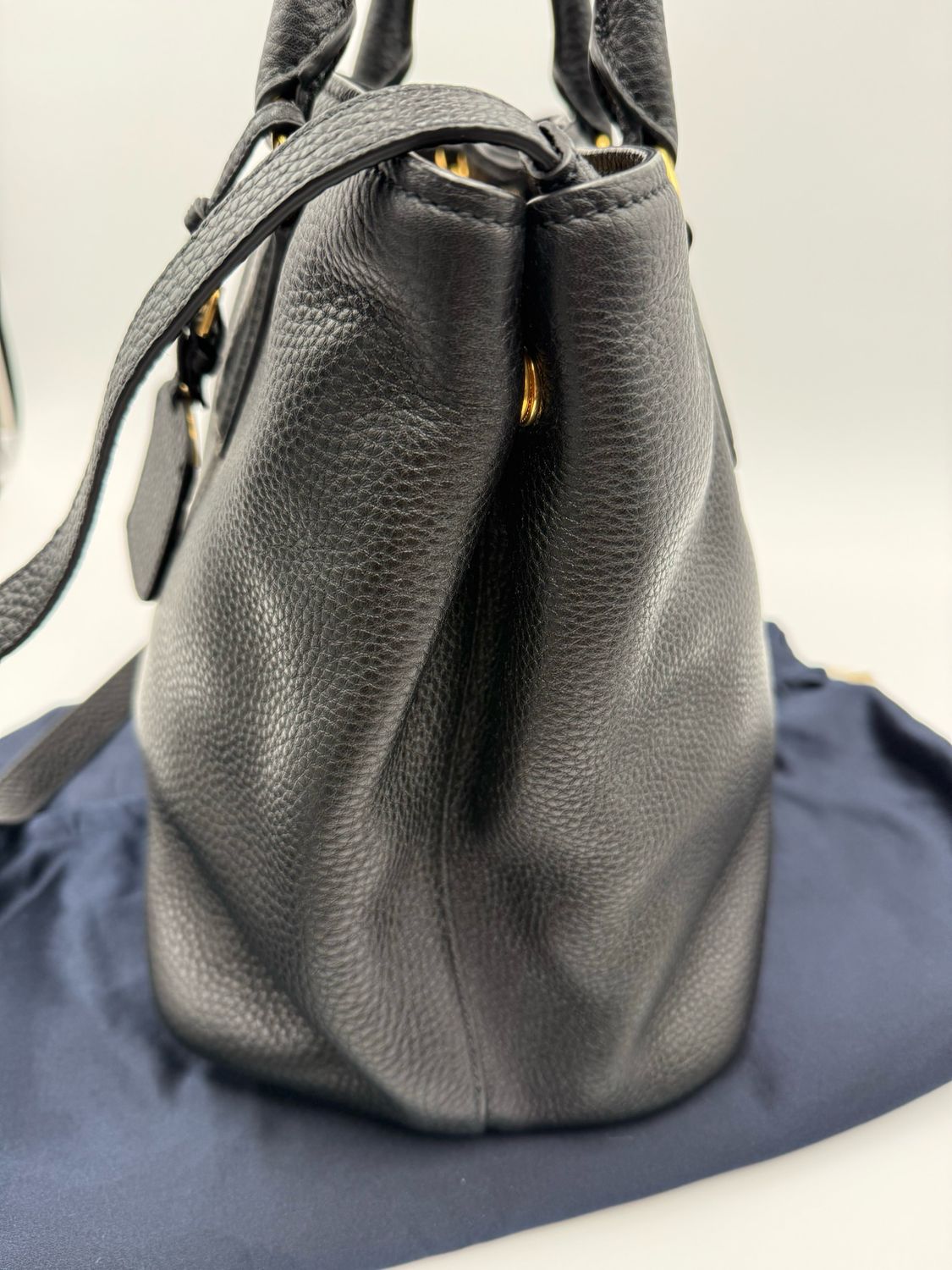 Prada Vitello Daino Pebbled Leather Convertible Shopper Tote Black