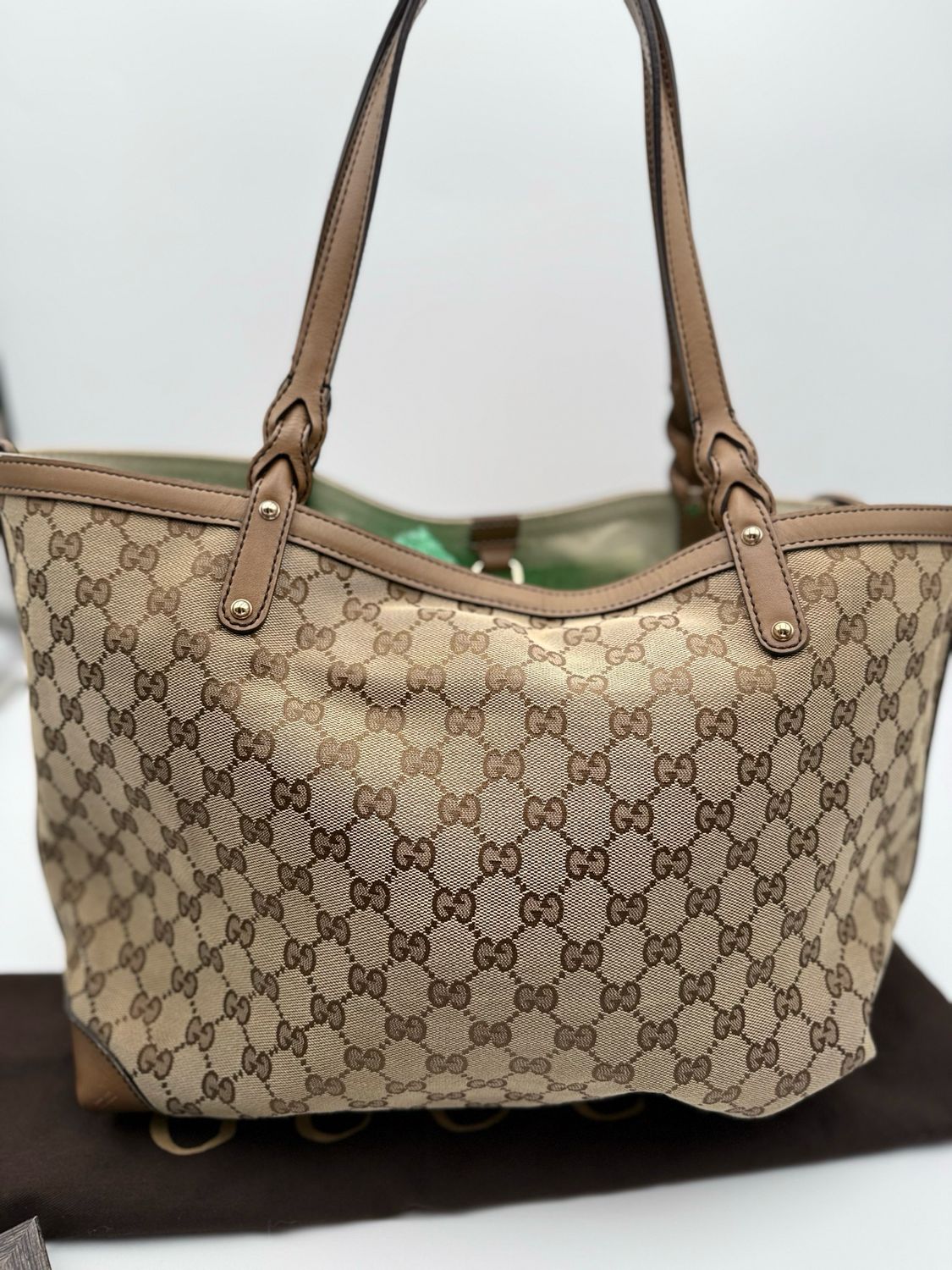 Gucci Monogram Canvas Craft Tote Shoulder Bag With Pouch