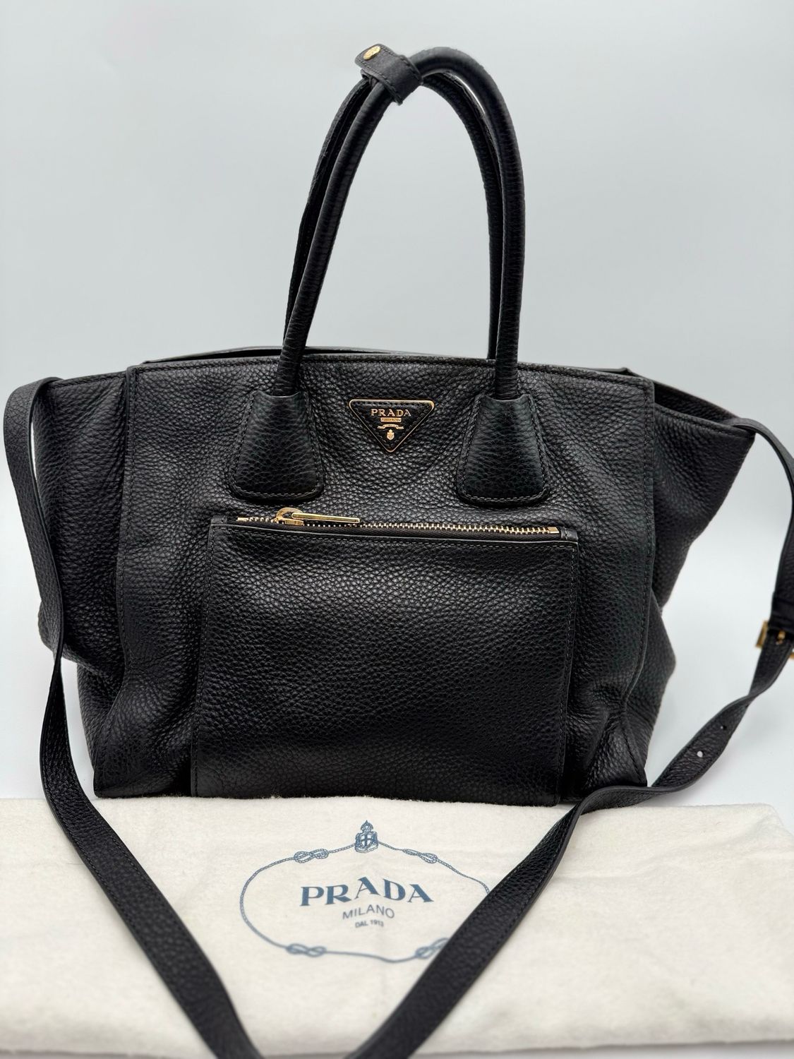 Prada Vitello Daino Pebbled Leather Black Twin Tote Convertible Crossbody