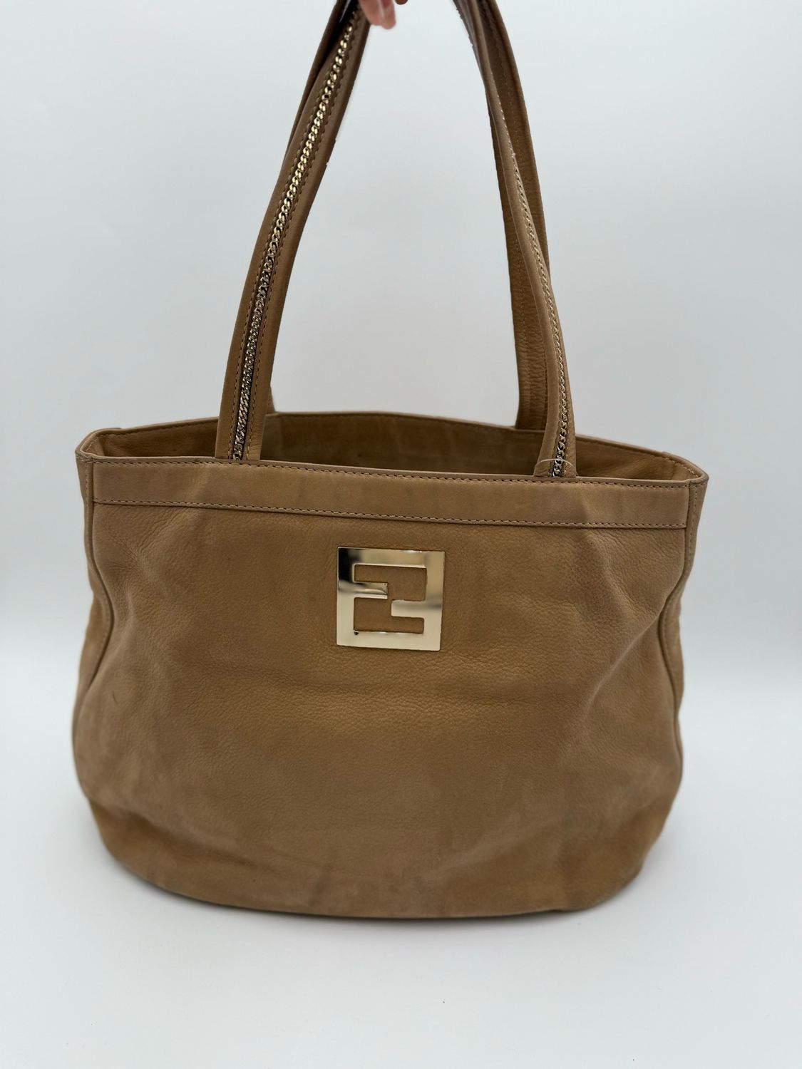 Fendi Tote Shoulder Bag Suede Nude