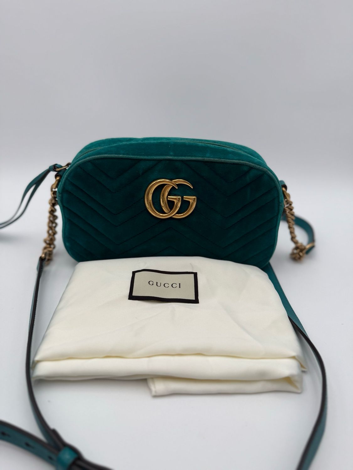 Gucci Marmont Pavone Cyan Velvet Crossbody Camera Bag
