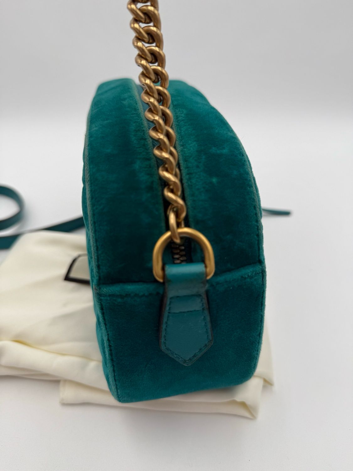 Gucci Marmont Pavone Cyan Velvet Crossbody Camera Bag