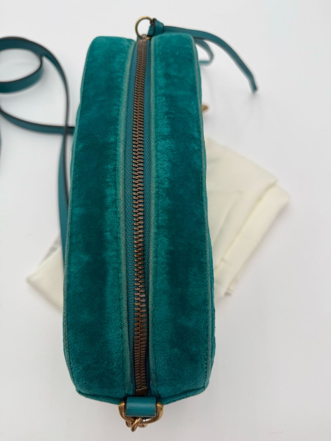 Gucci Marmont Pavone Cyan Velvet Crossbody Camera Bag