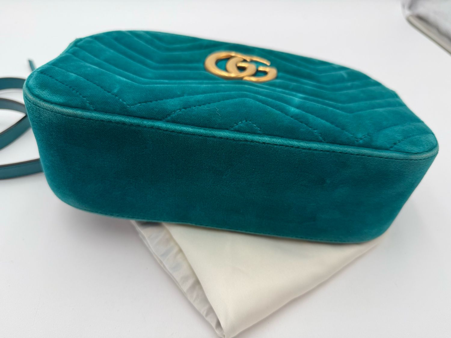 Gucci Marmont Pavone Cyan Velvet Crossbody Camera Bag