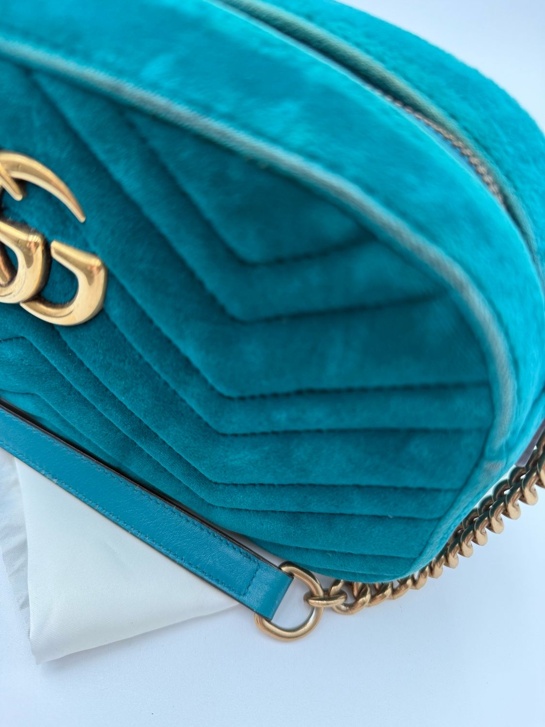 Gucci Marmont Pavone Cyan Velvet Crossbody Camera Bag