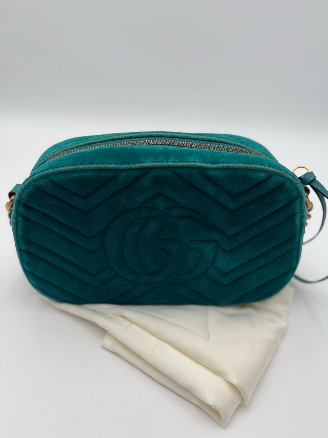 Gucci Marmont Pavone Cyan Velvet Crossbody Camera Bag