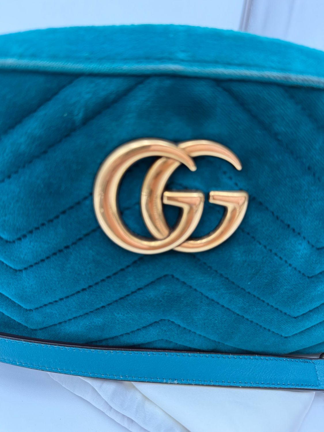 Gucci Marmont Pavone Cyan Velvet Crossbody Camera Bag