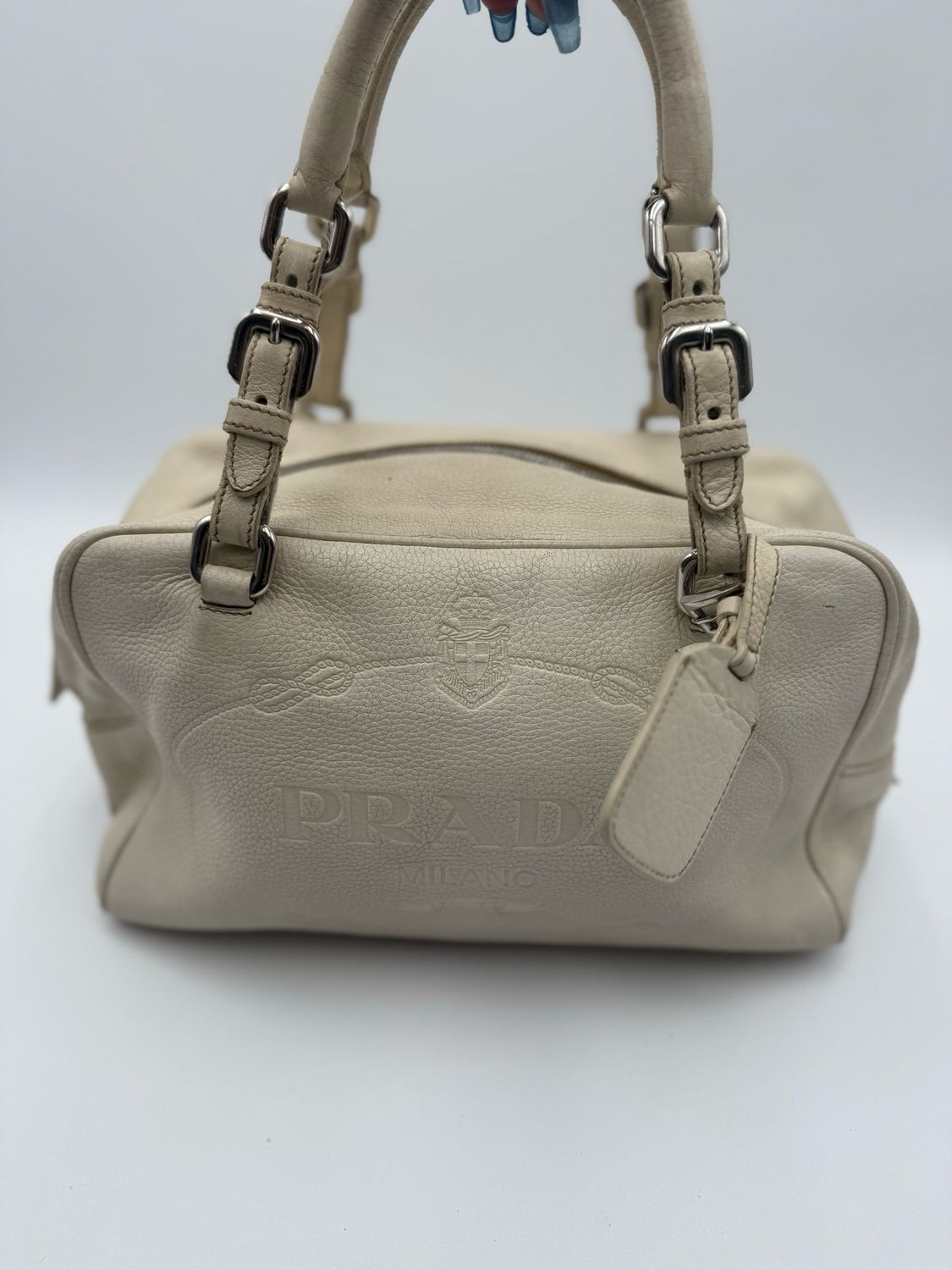 Prada Vitello Daino Bowler Print Tote Handbag