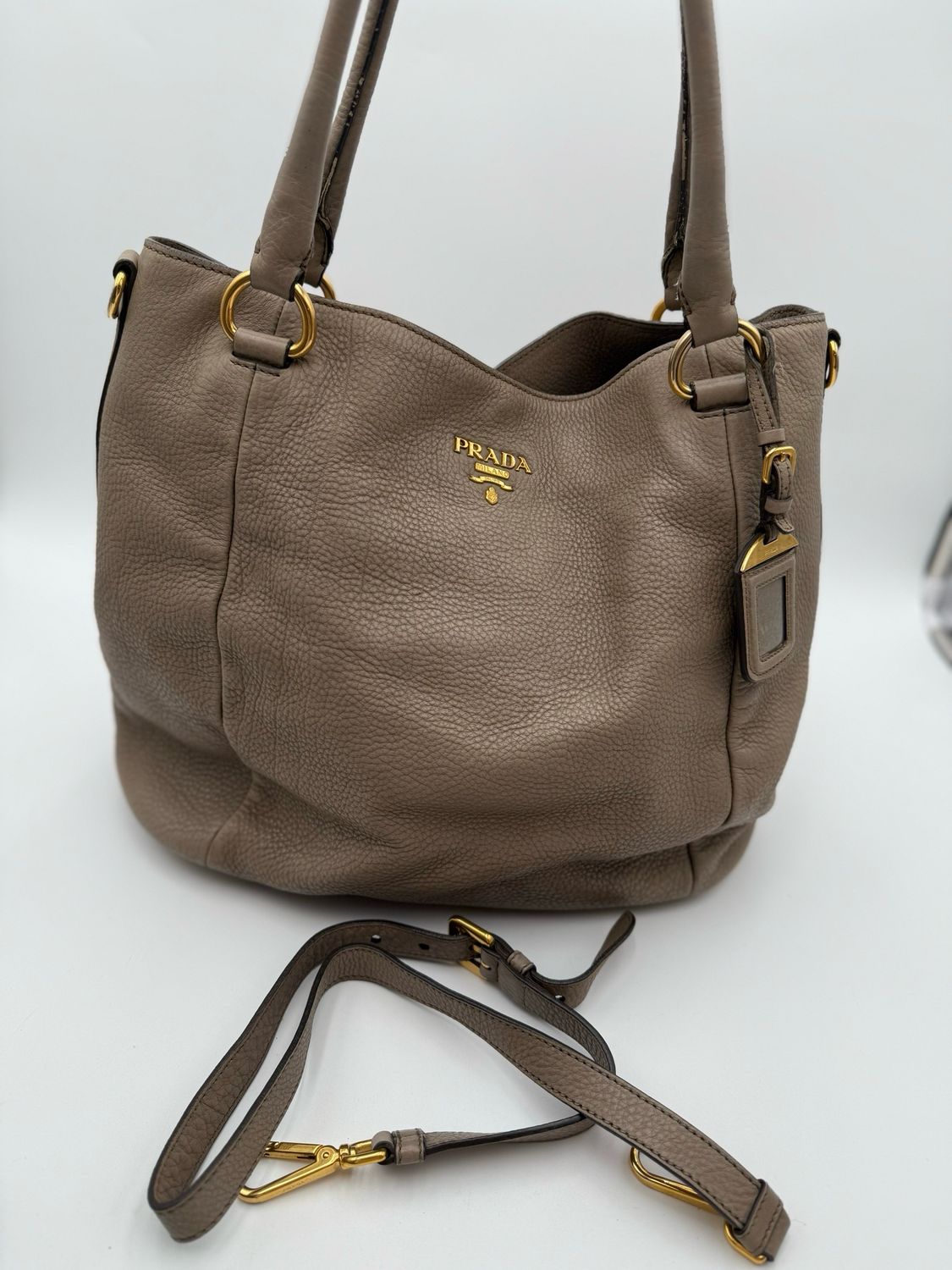 Prada Vitello Daino Convertible Shopper Tote Grey Crossbody