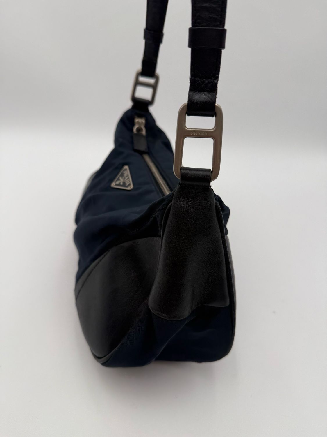 Prada Nylon Tessuto Soft Calf Pochette Shoulder Bag Navy Blue