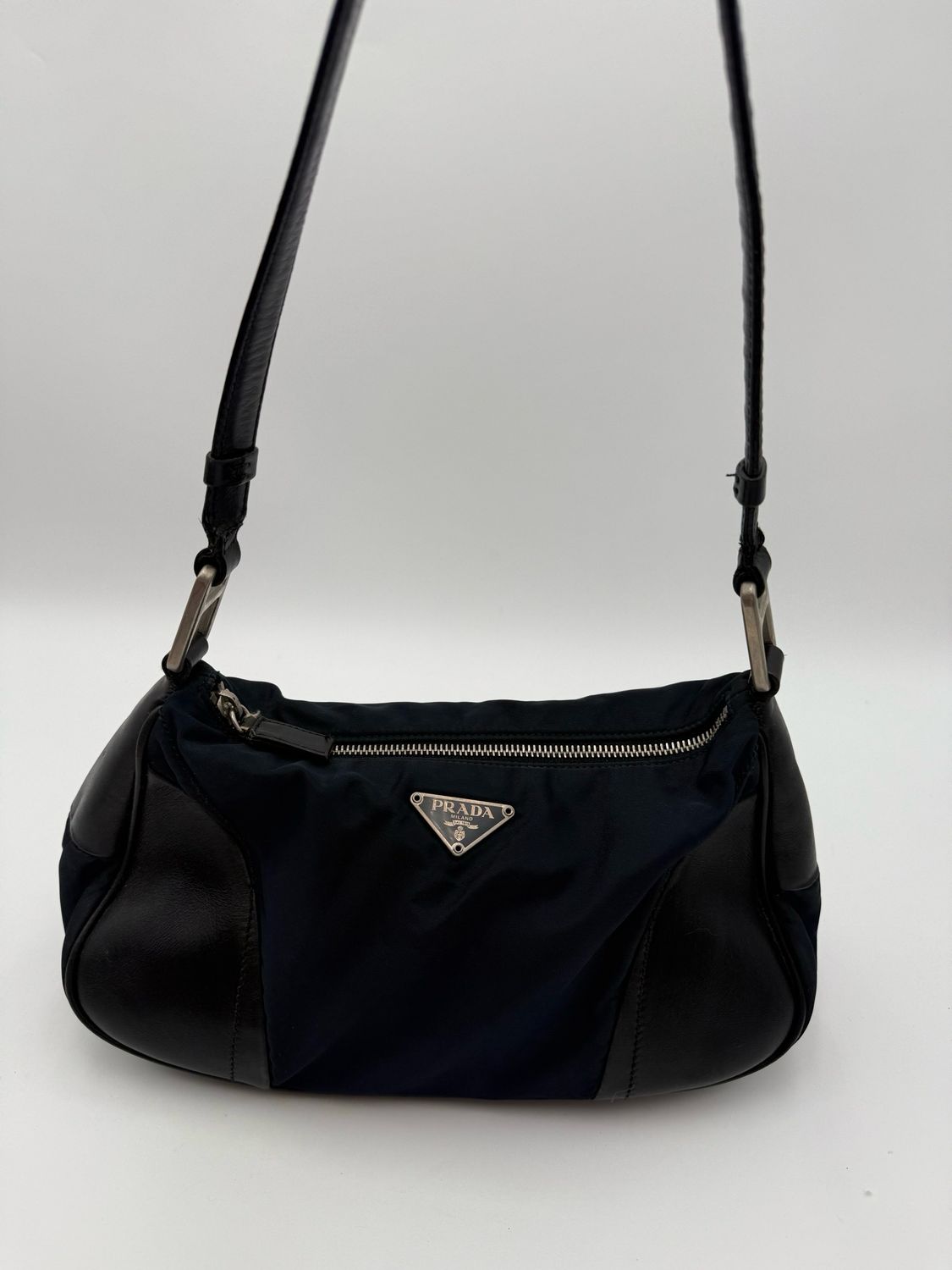 Prada Nylon Tessuto Soft Calf Pochette Shoulder Bag Navy Blue