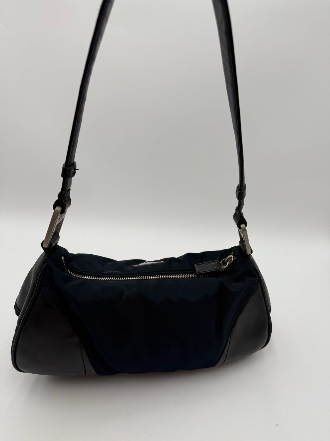 Prada Nylon Tessuto Soft Calf Pochette Shoulder Bag Navy Blue