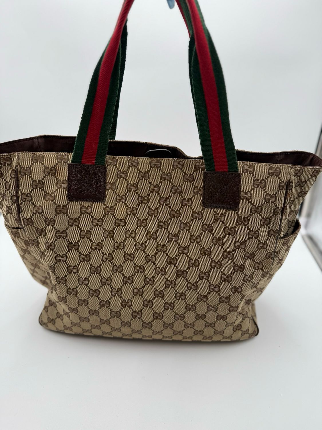 Gucci Monogram Canvas Web Strap Diaper Bag Front Pocket