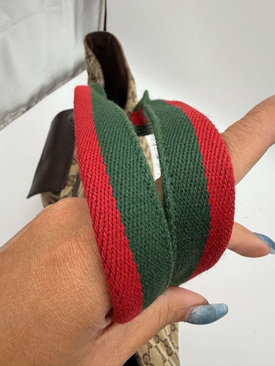 Gucci Monogram Canvas Web Strap Diaper Bag Front Pocket