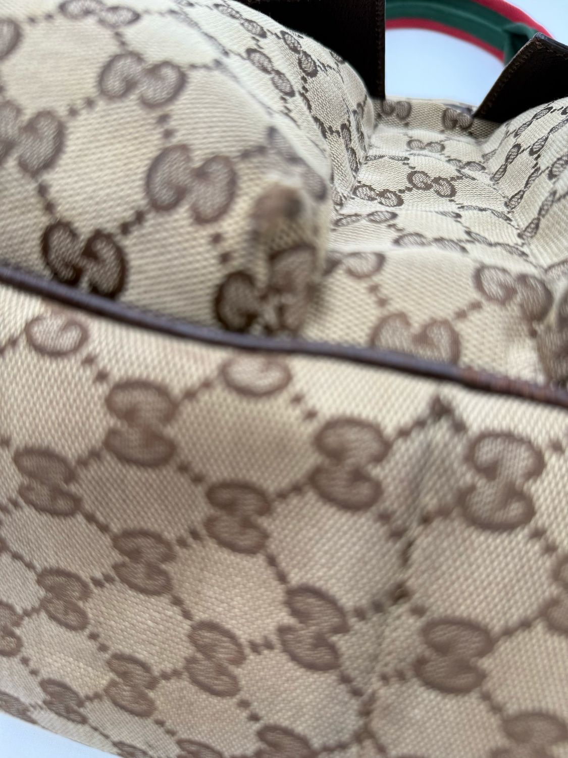 Gucci Monogram Canvas Web Strap Diaper Bag Front Pocket