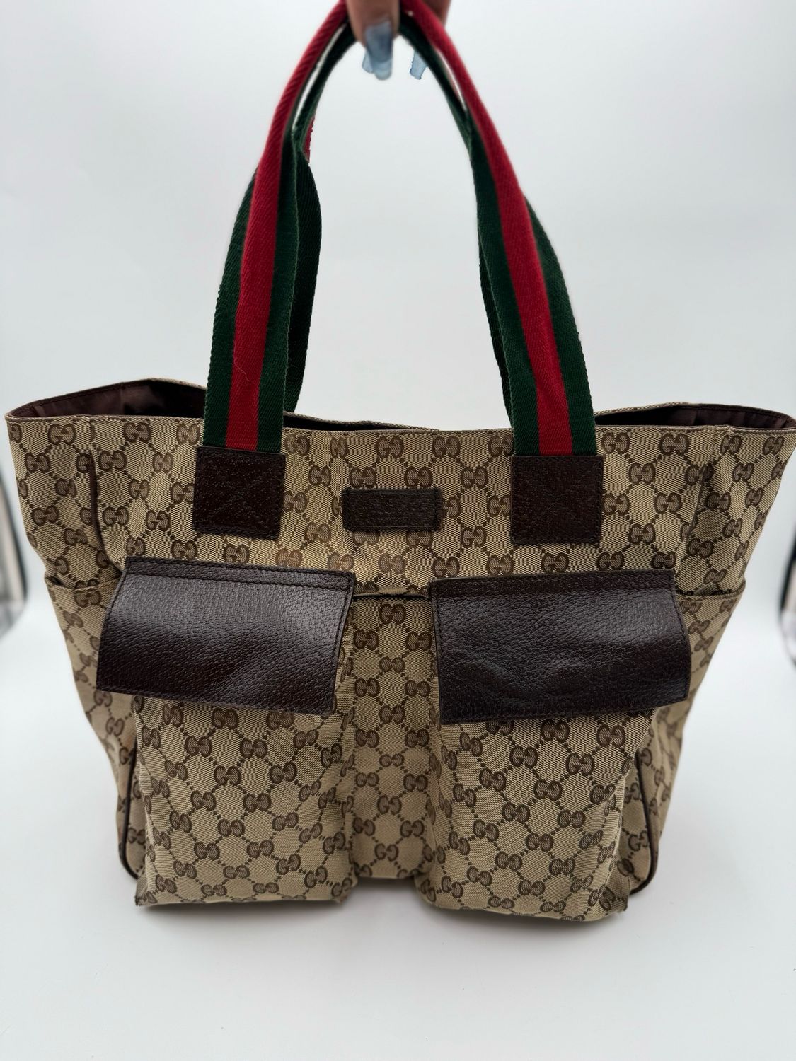 Gucci Monogram Canvas Web Strap Diaper Bag Front Pocket