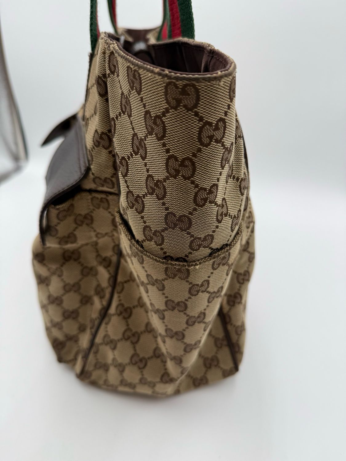 Gucci Monogram Canvas Web Strap Diaper Bag Front Pocket