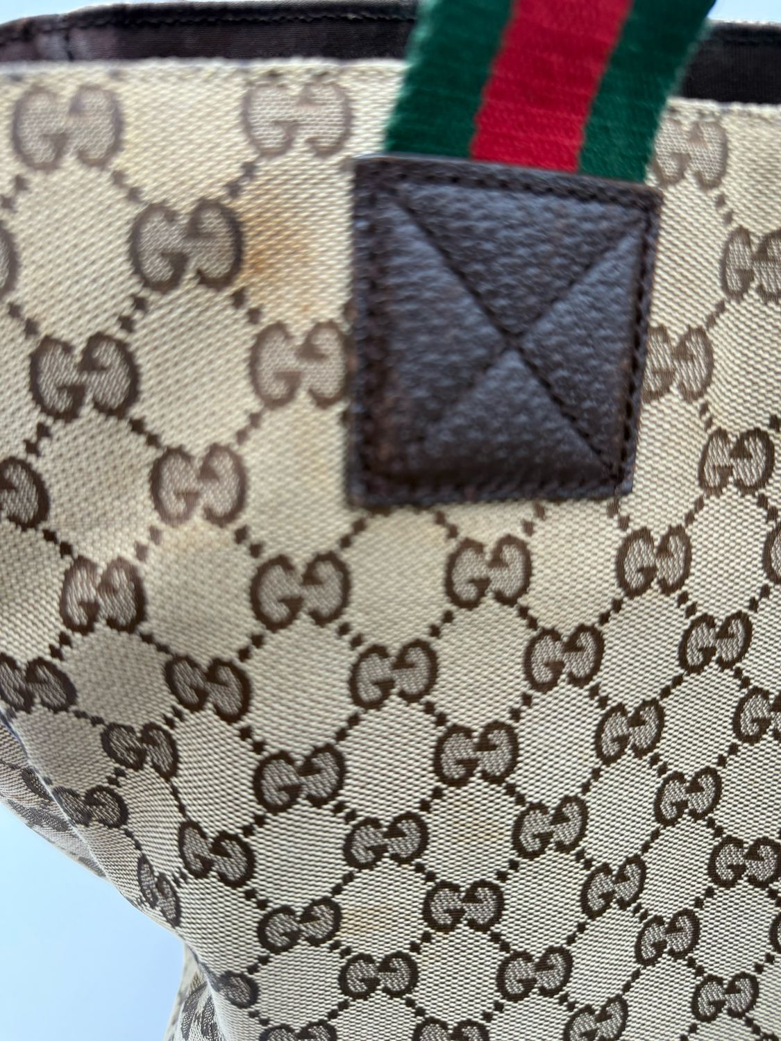 Gucci Monogram Canvas Web Strap Diaper Bag Front Pocket