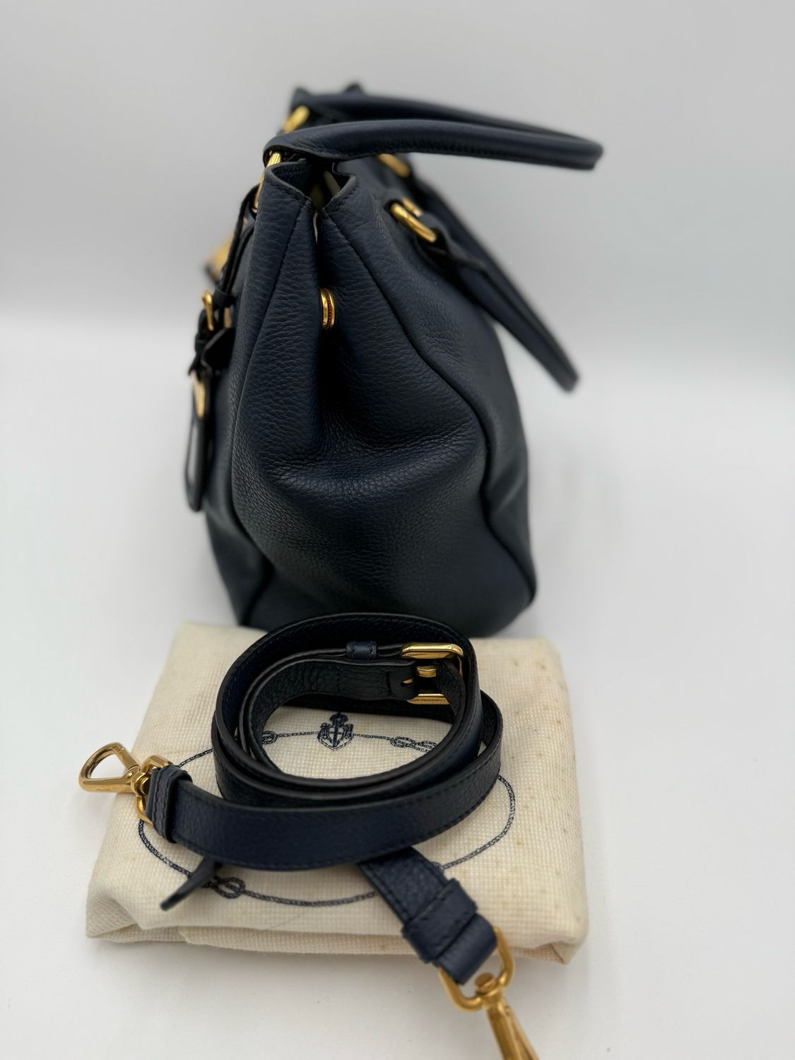Prada Vitello Daino Messenger Crossbody Navy Blue Front Pocket