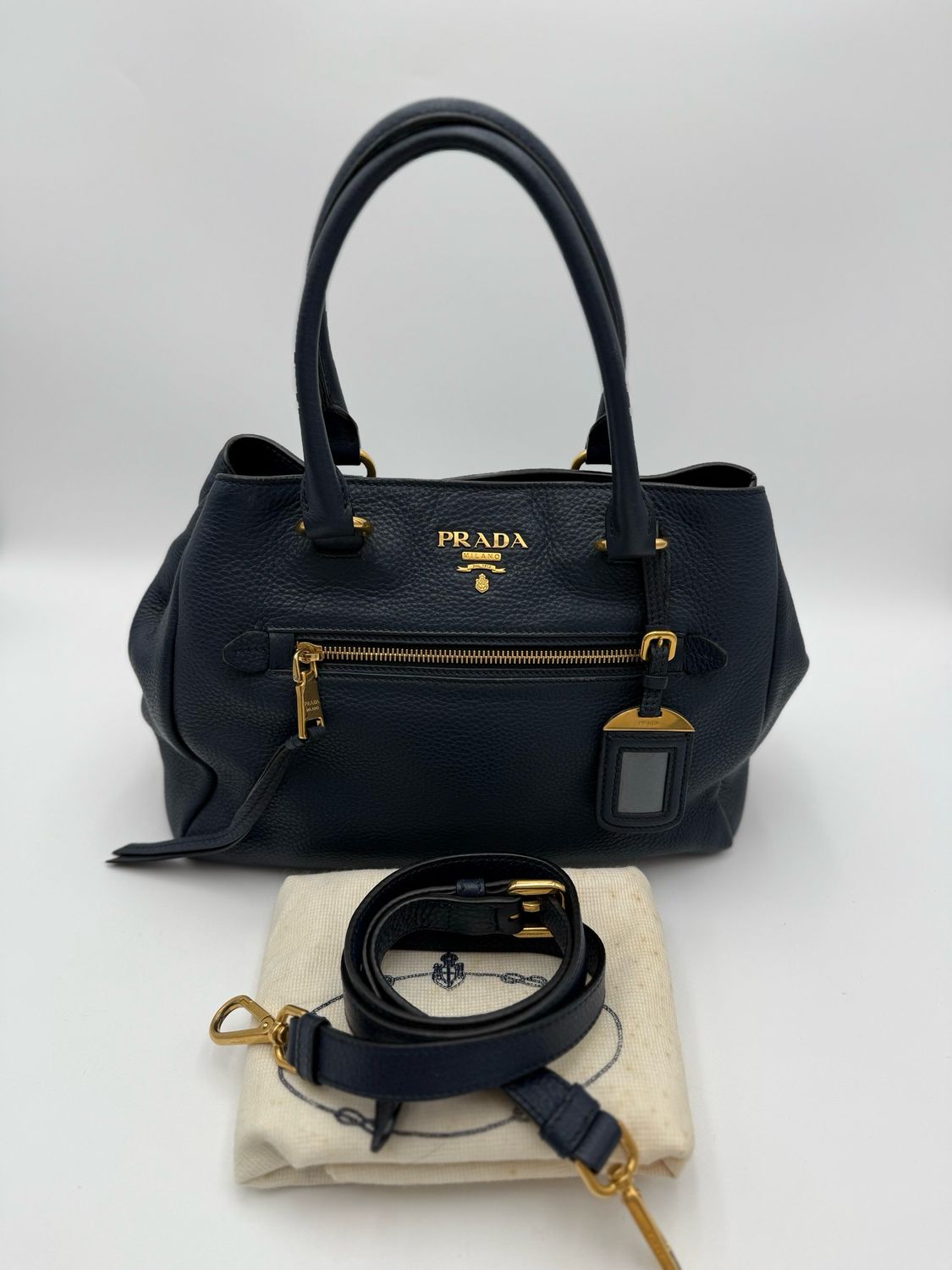 Prada Vitello Daino Messenger Crossbody Navy Blue Front Pocket