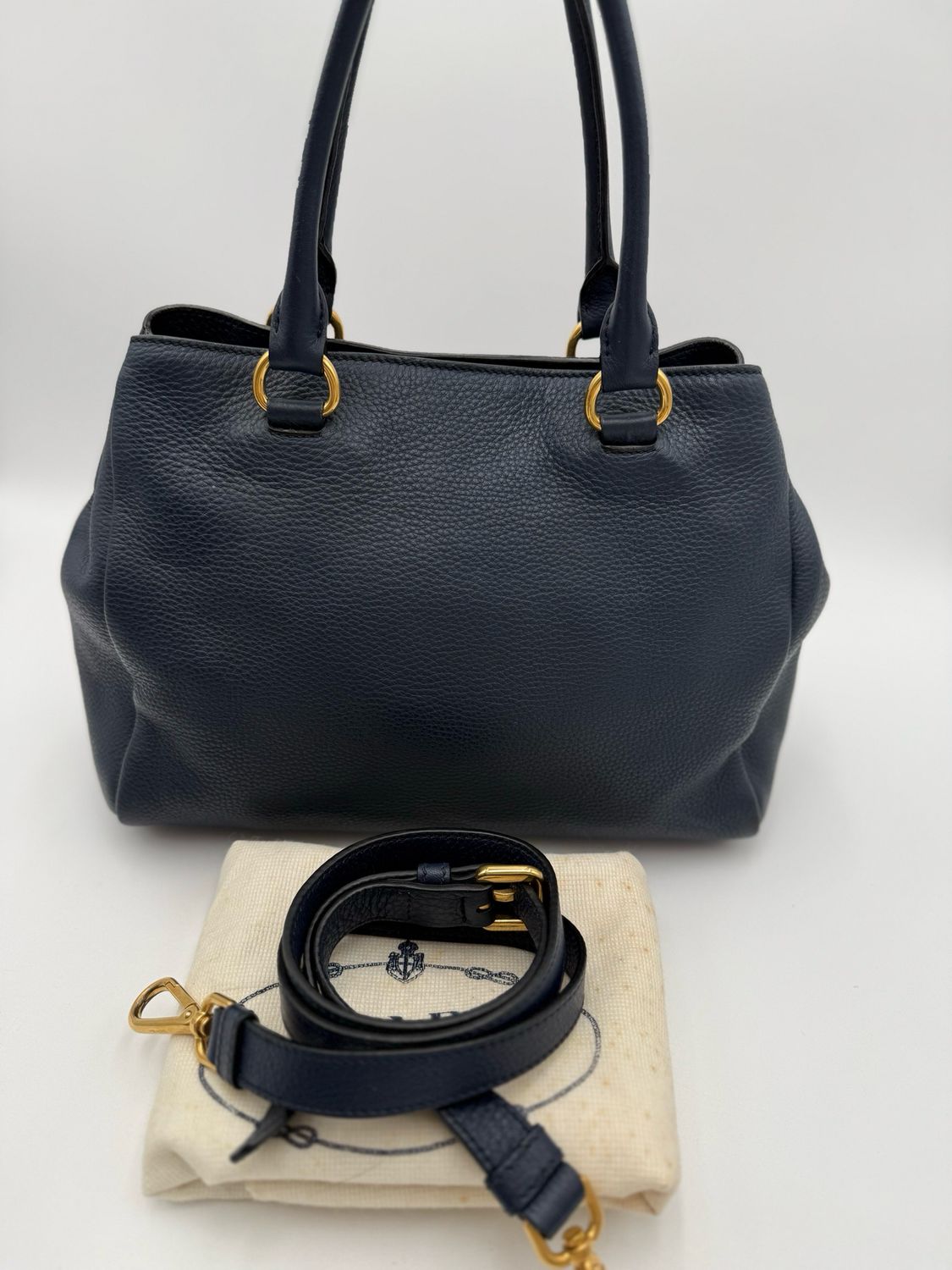 Prada Vitello Daino Messenger Crossbody Navy Blue Front Pocket