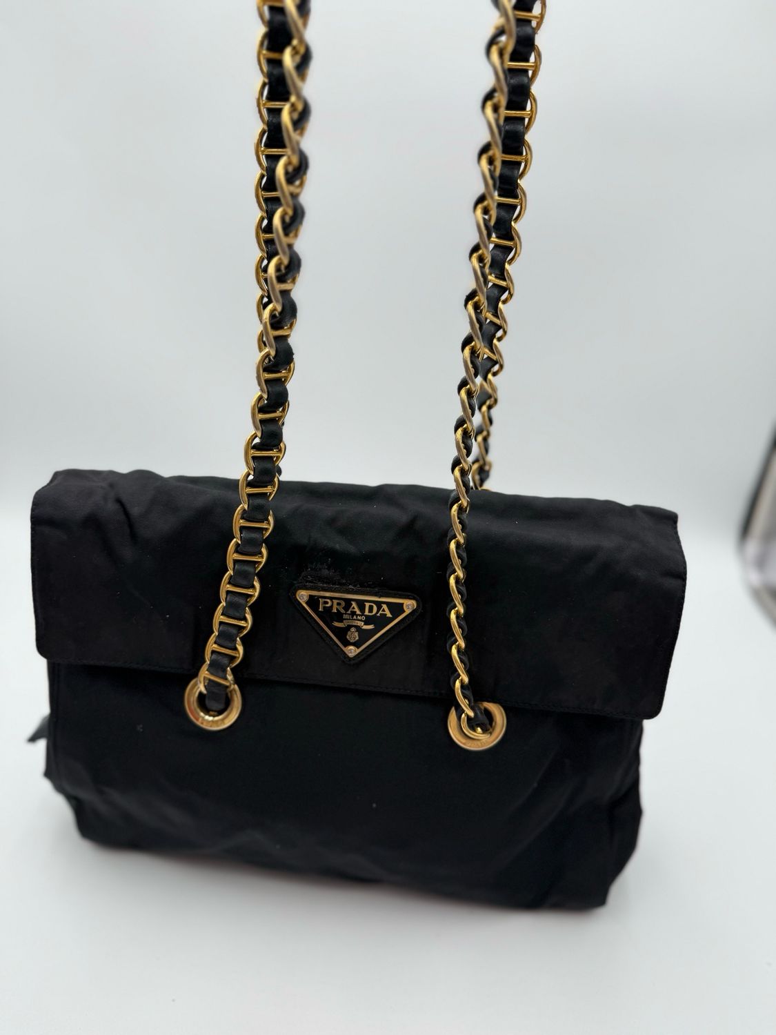 Prada Nylon Tessuto Black Flap Catena Chain Strap