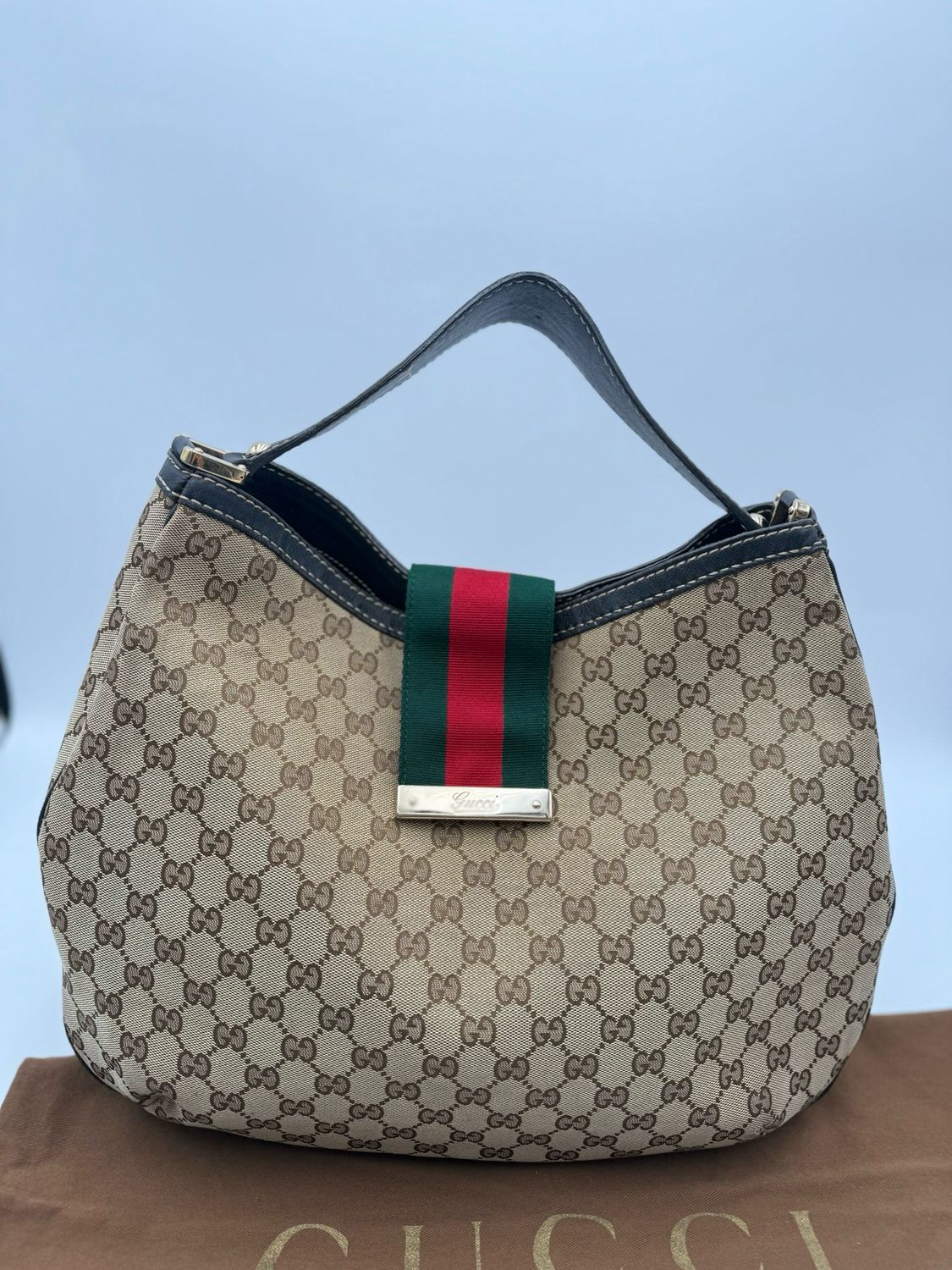 Gucci Monogram Canvas New Ladies Hobo Shoulder Bag Web Flap
