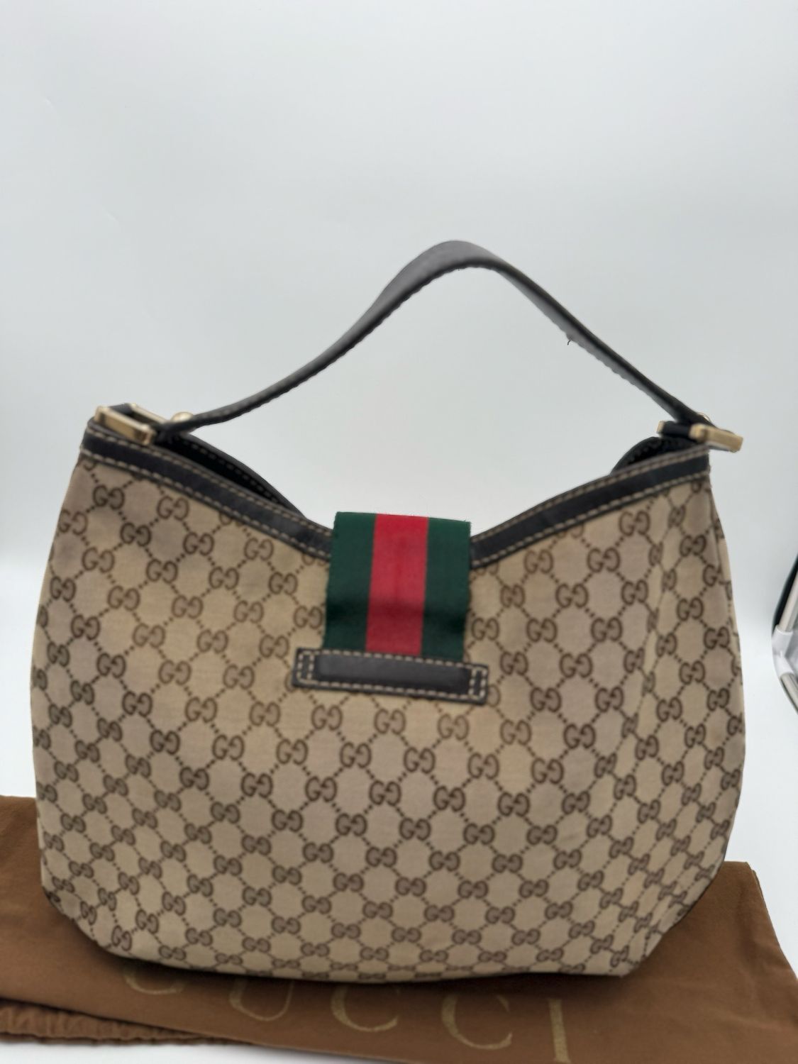 Gucci Monogram Canvas New Ladies Hobo Shoulder Bag Web Flap