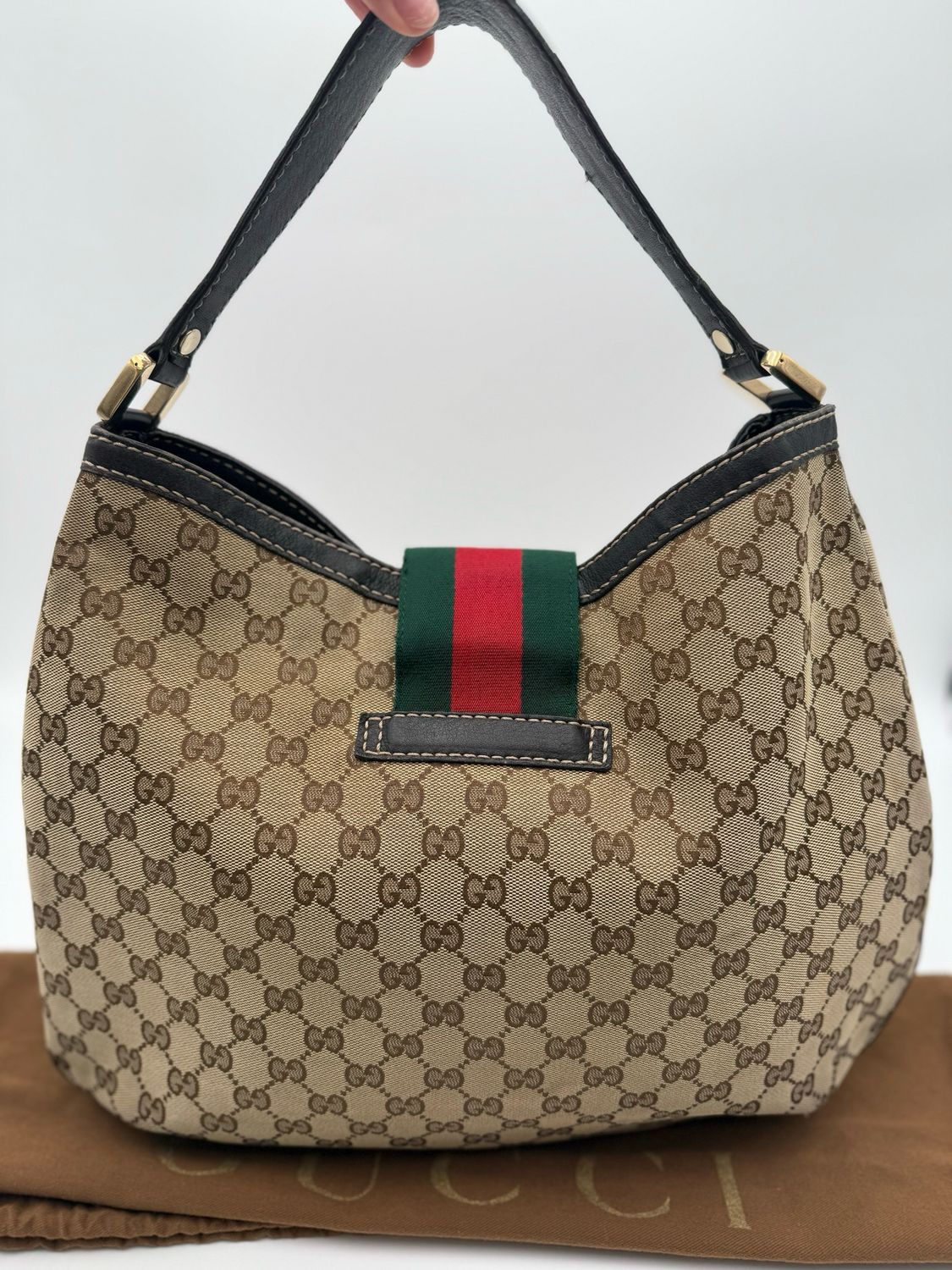 Gucci Monogram Canvas New Ladies Hobo Shoulder Bag Web Flap