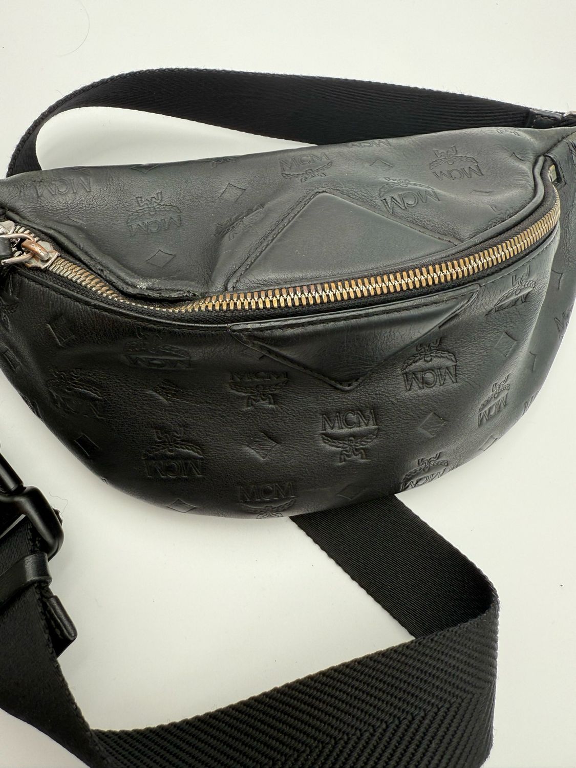 Mcm Black Belt Bag Bum Bag Unisex Leather Monogram