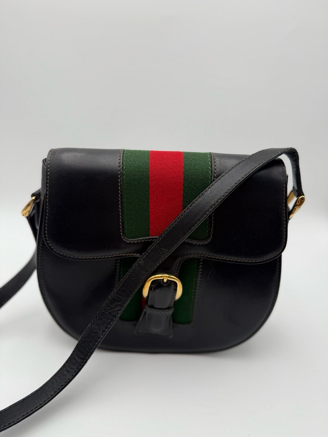 Gucci Vintage Saddle Web Crossbody Shoulder Black