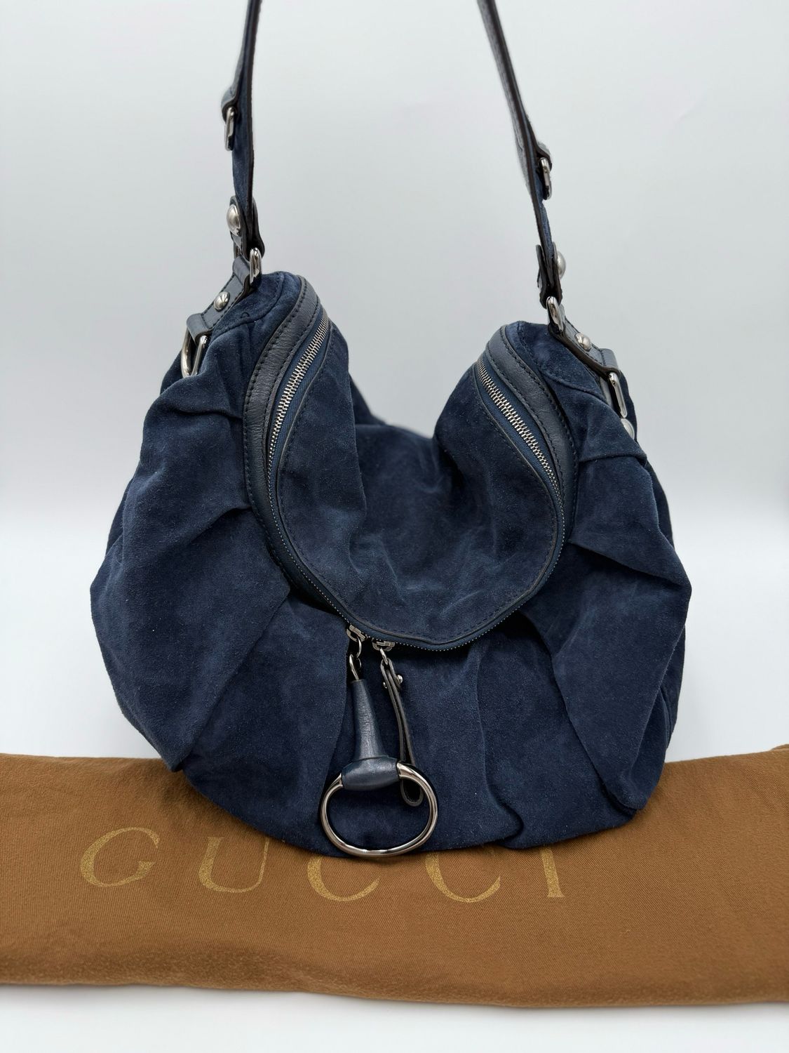 Gucci Hobo Icon Bit Suede Shoulder Bag Navy
