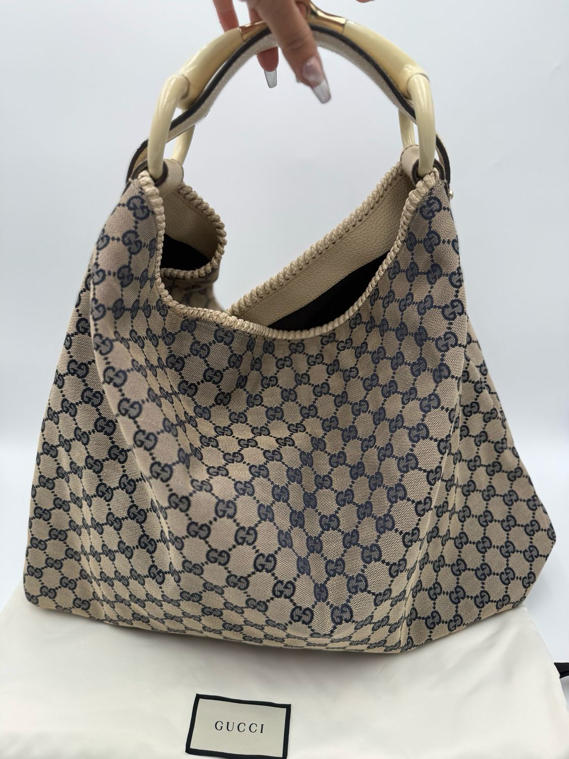 Gucci Monogram Canvas Hobo Horsebit Large Shoulder Bag