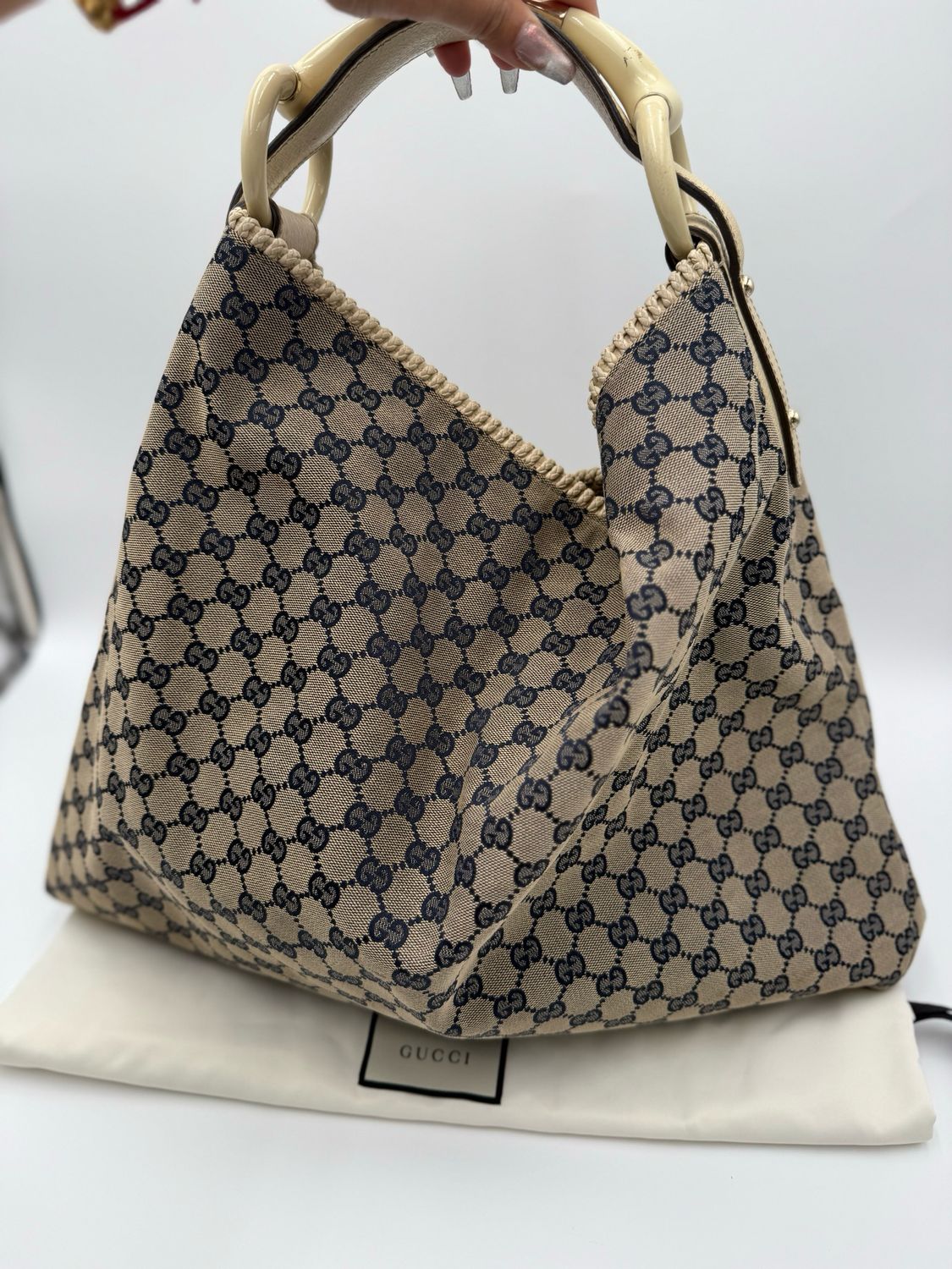Gucci Monogram Canvas Hobo Horsebit Large Shoulder Bag
