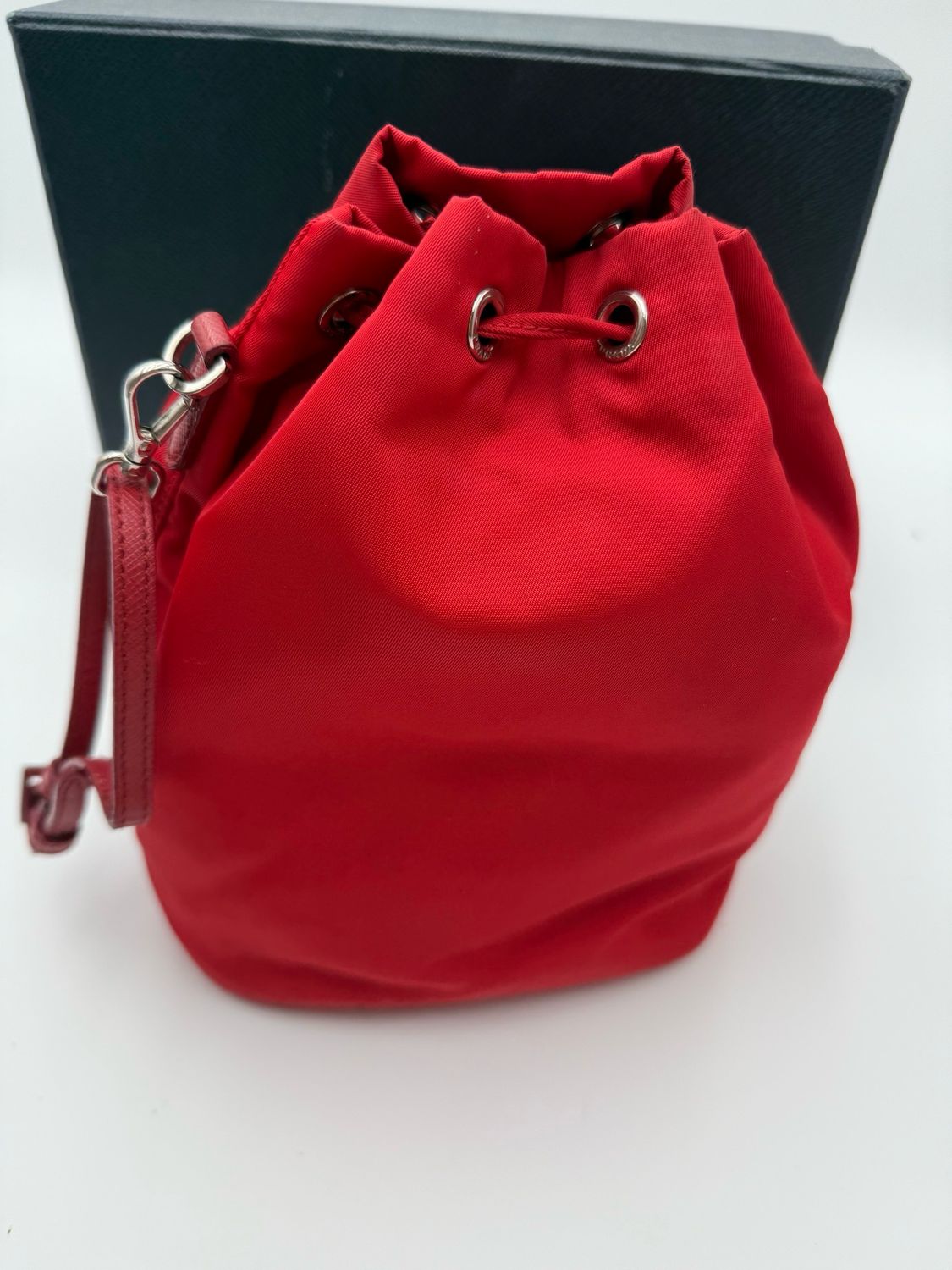 Prada Nylon Tessuto Saffiano Bucket Drawstring Wristlet Pouch