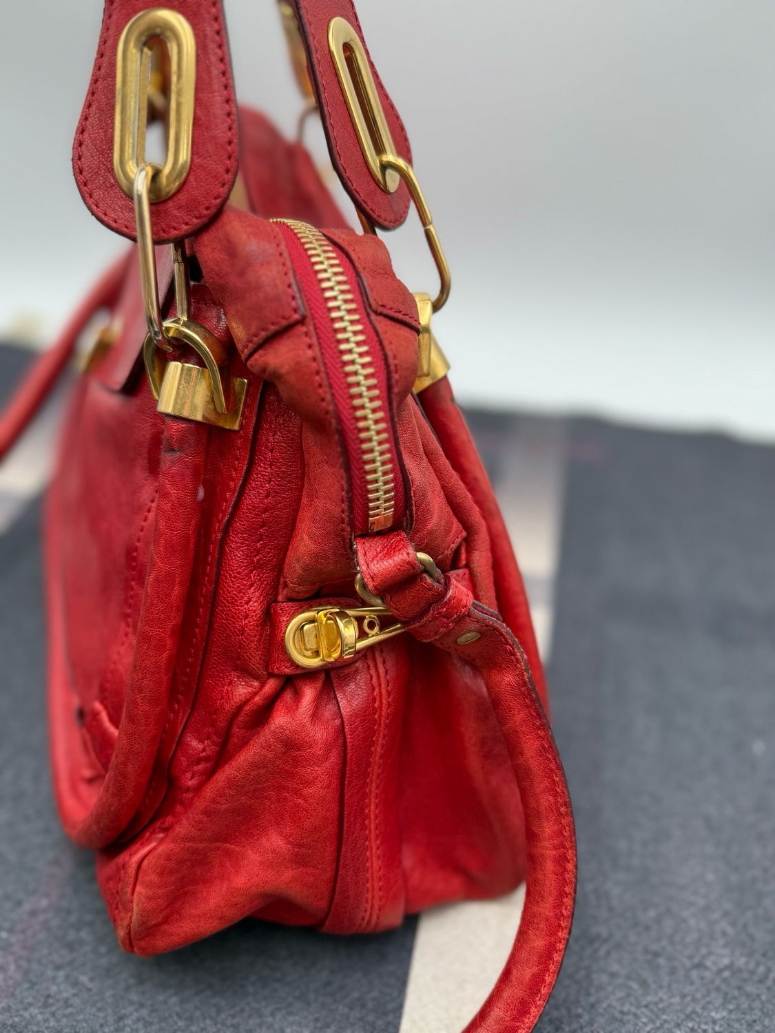 Chloe Pebbled Leather Rouge Large Paraty Shoulder Crossbody