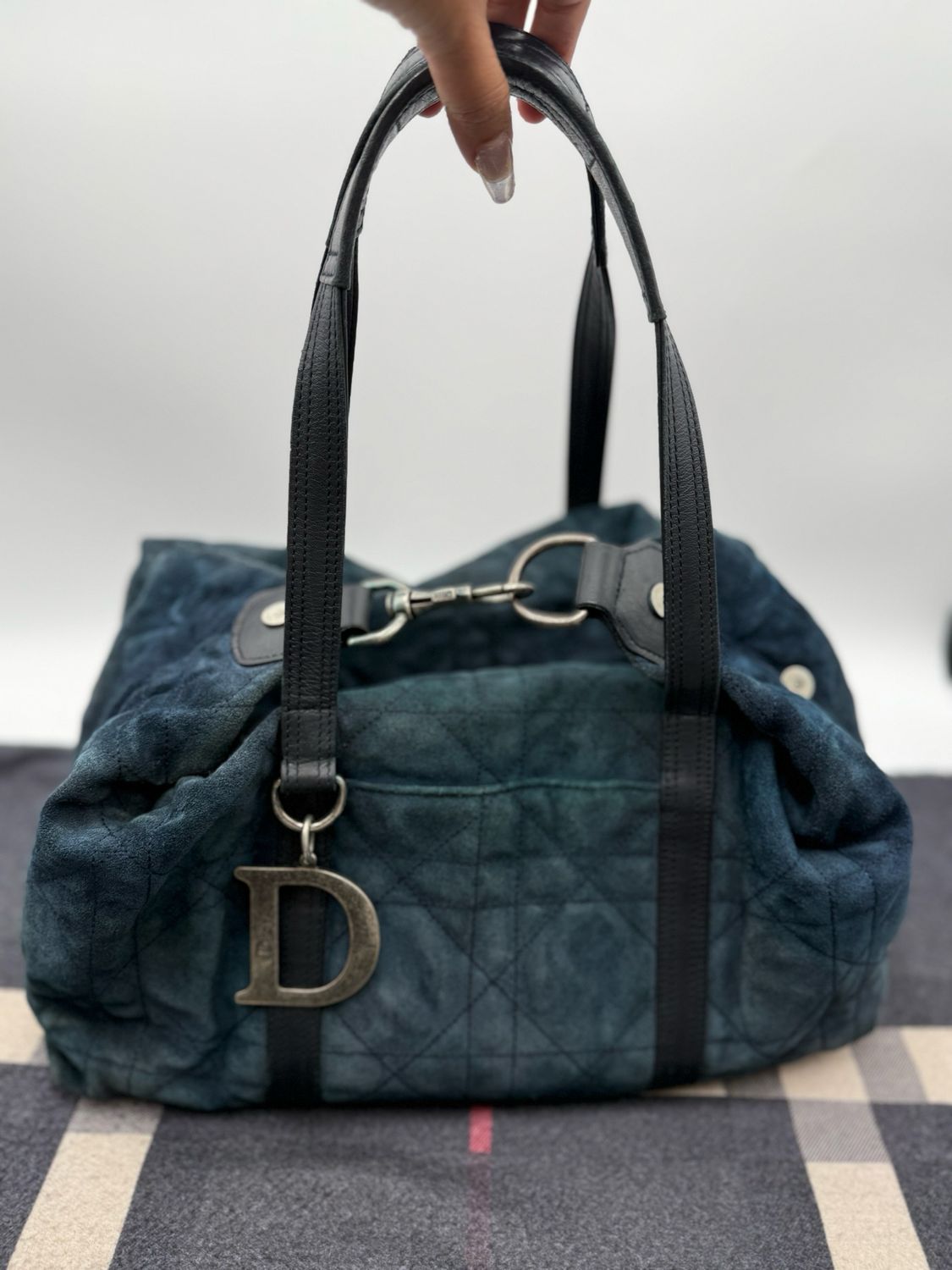Christian Dior Cannage Polochon Boston Satchel Navy Tote