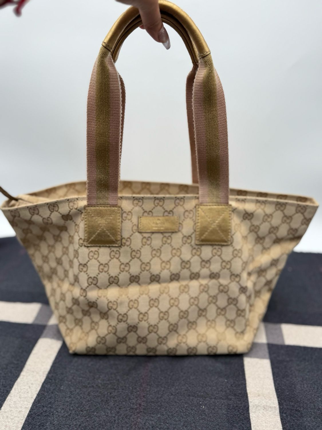 Gucci Monogram Web Tote Medium Bucket Bag Zipper