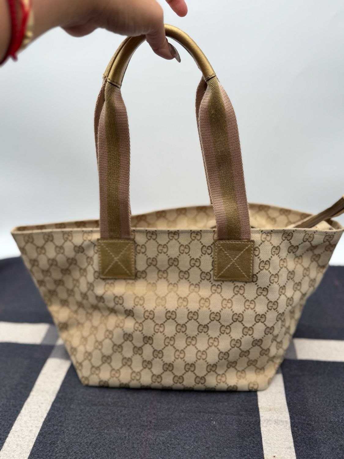 Gucci Monogram Web Tote Medium Bucket Bag Zipper
