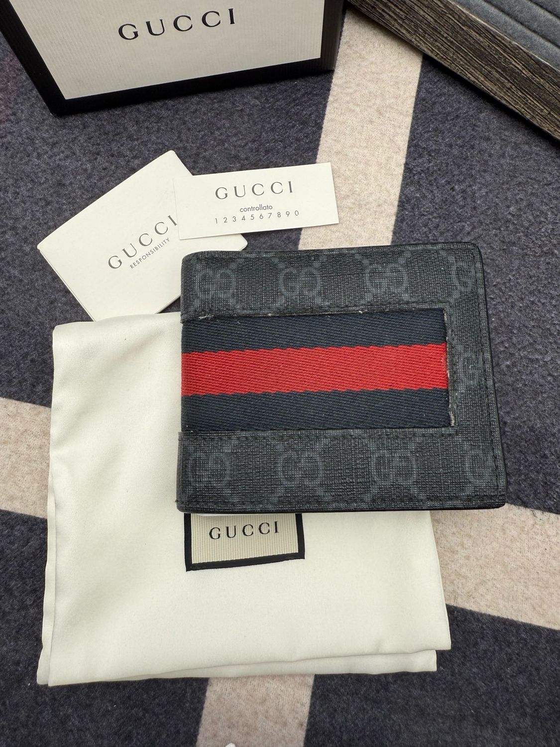 Gucci Web Flap Bi-Fold Wallet Supreme Monogram Selleria