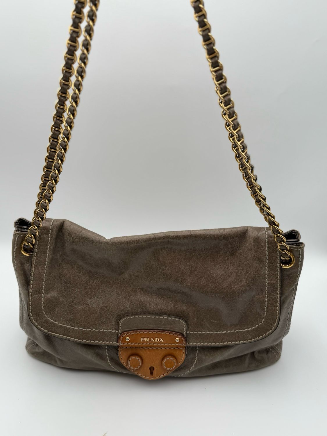 Prada Vitello Shine Flap Pushlock Crossbody Messenger Chain Strap Shoulder Bag