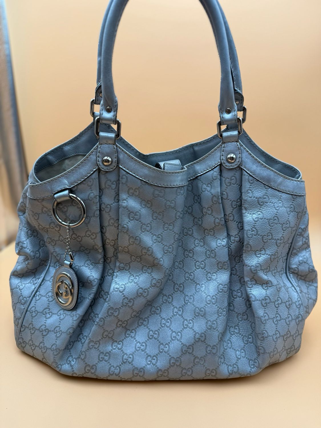 Gucci Sukey Monogram Leather Large Tote Metallic Silver