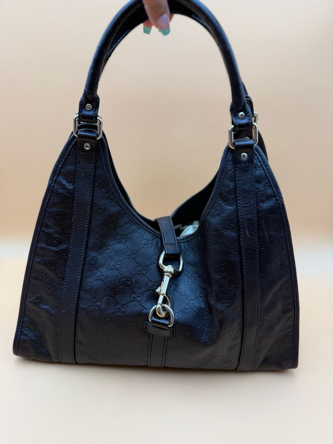 Gucci Monogram Leather Jackie Bardot Tote