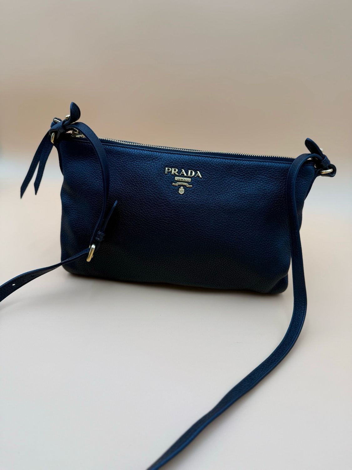 Prada Vitello Daino Flat Zipper Crossbody Messenger Black