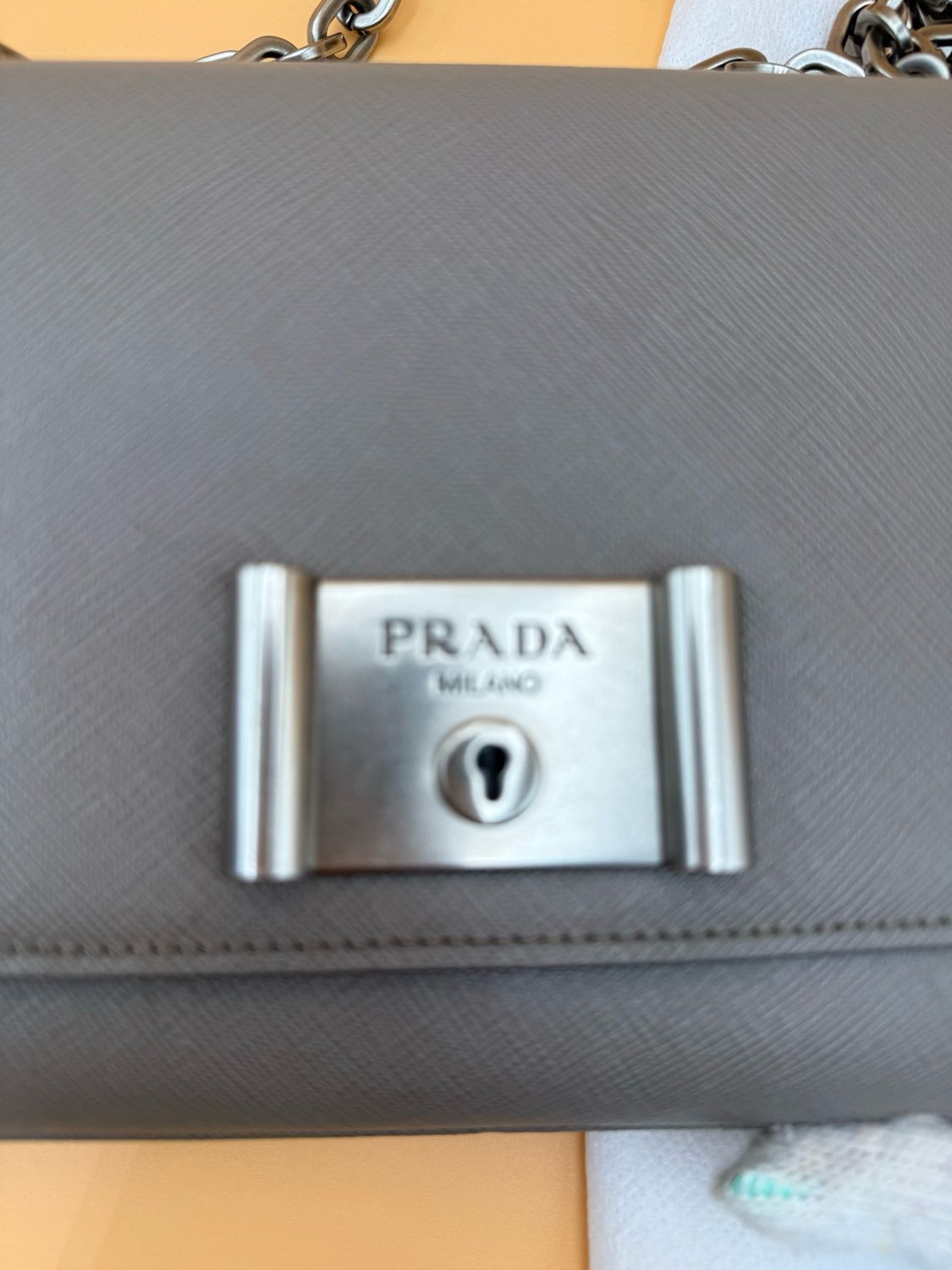 Prada Saffiano Lux Lock Chain Flap Grey Crossbody Messenger