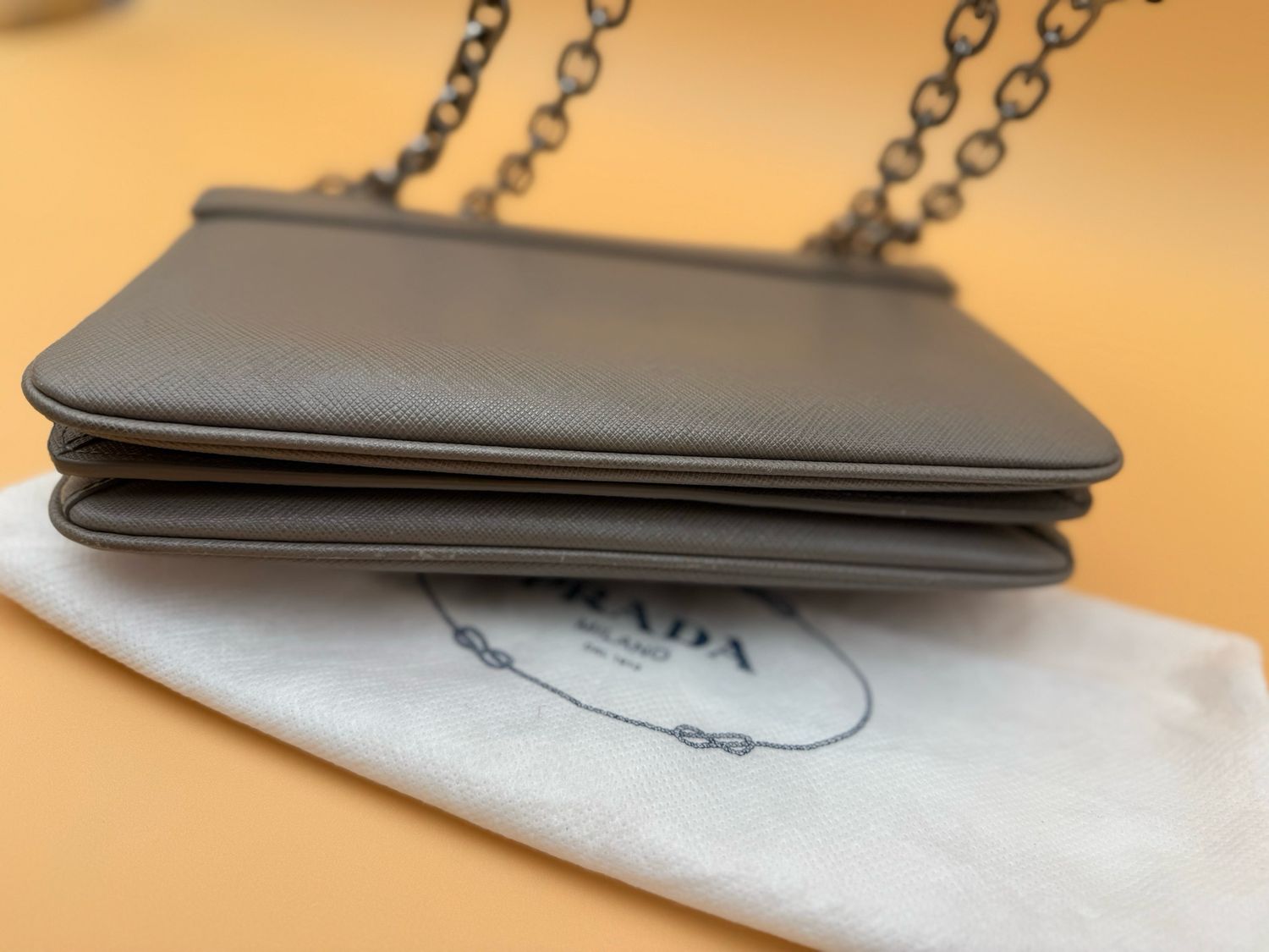 Prada Saffiano Lux Lock Chain Flap Grey Crossbody Messenger