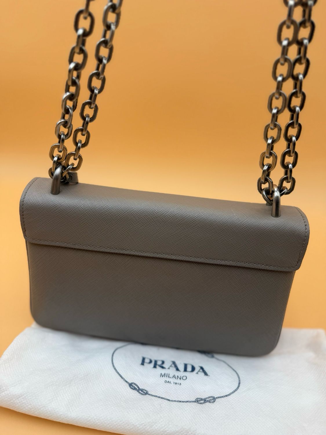 Prada Saffiano Lux Lock Chain Flap Grey Crossbody Messenger